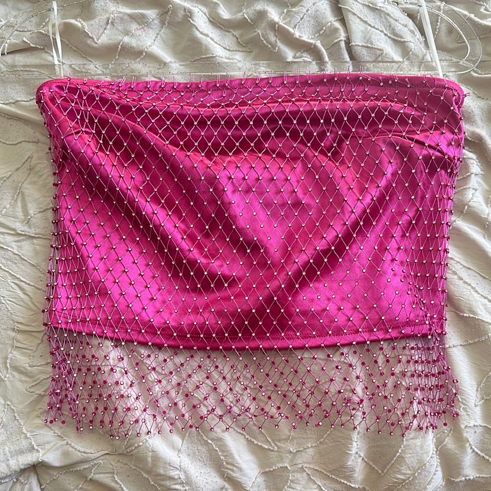 Vibrant Pink Beaded Strapless Mesh Top